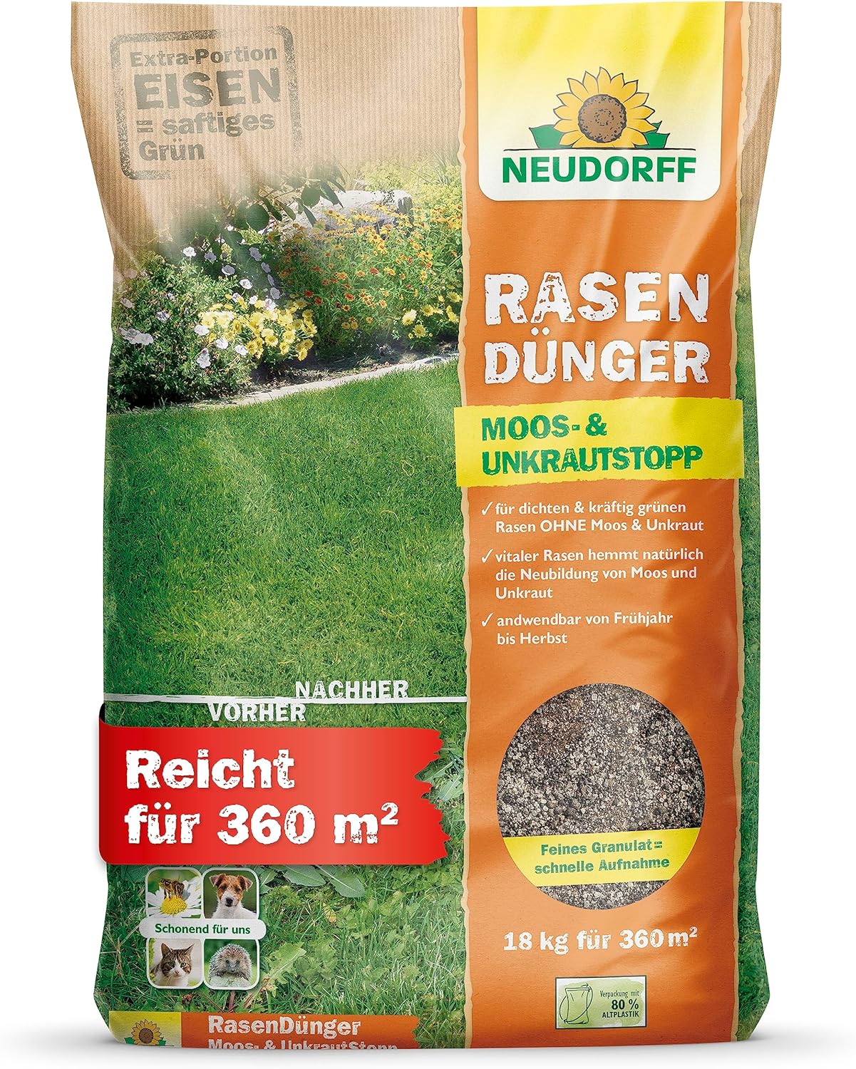 Neudorff RasenDünger Moos- & UnkrautStopp 18 Kg für 360m², organisch-mineralischer Dünger mit ...